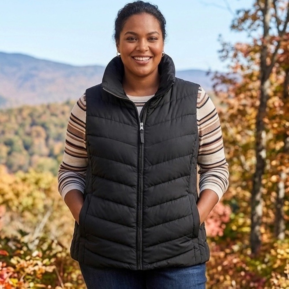 Talbots Womens Black Down Filled Puffer Vest Quilted Full Zip XL Sleeveless